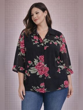 Style & Co Collection Black Sheer Floral Blouse Size 18 Lightweight Flowy Top